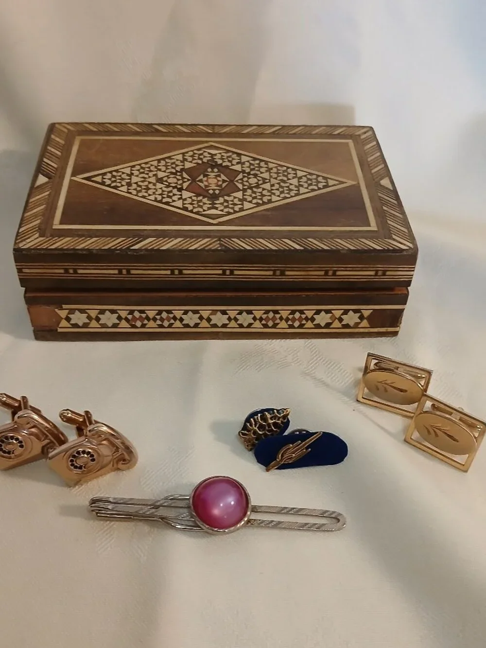 Vintage Micro Mosaic Persian Box w/Tie Clip, Cuff Links, Tie Pins